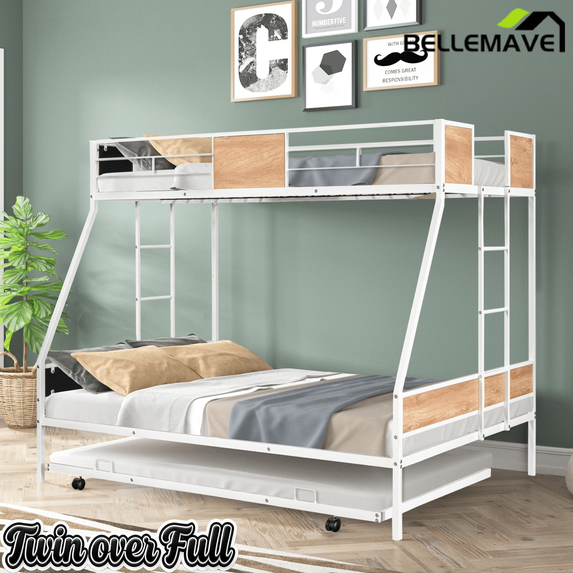Bellemave® Twin - Over - Full Bunk Bed with Trundle, & W/ 2 Side Ladders & Safety Guardrail - Bellemave