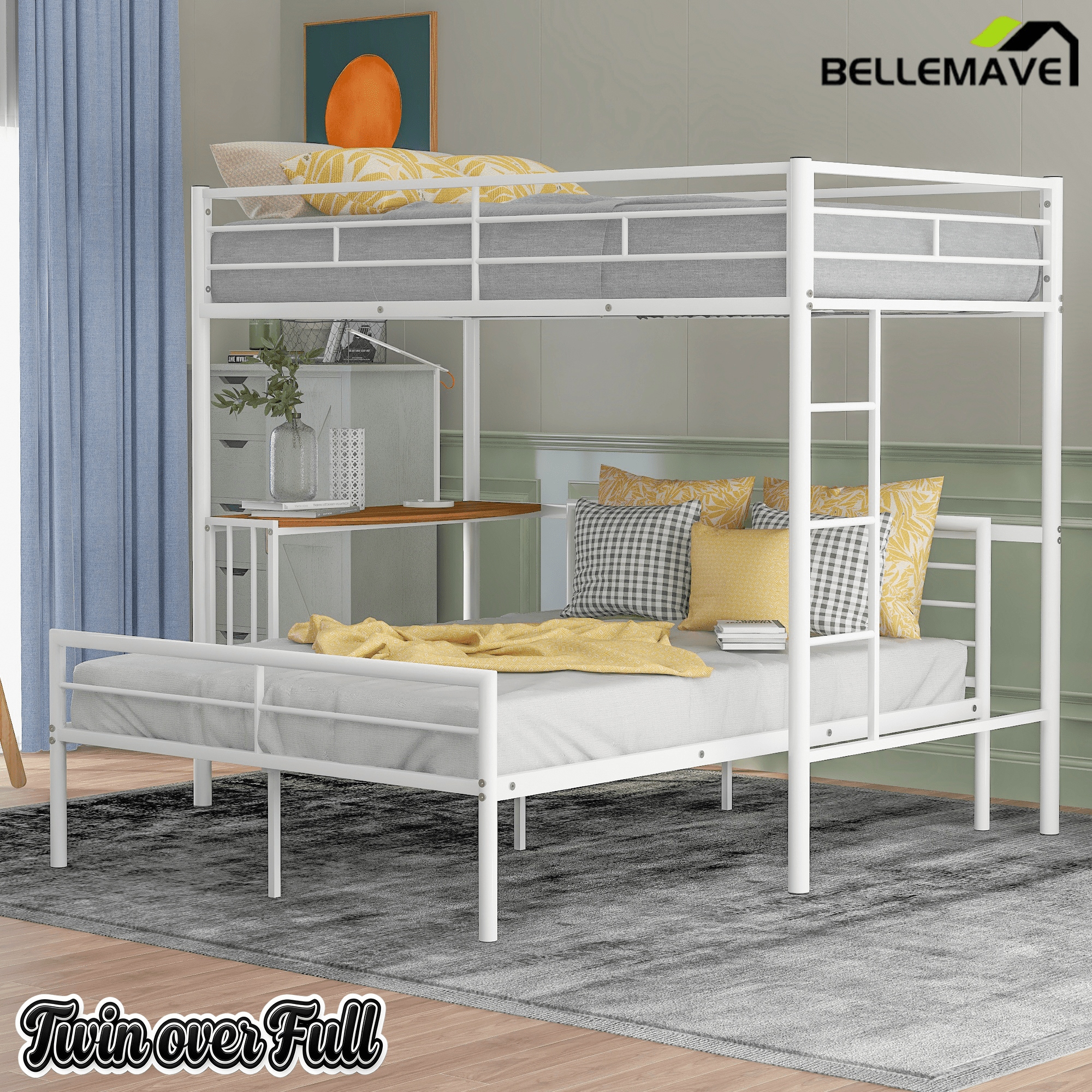 Bellemave® Twin Over Full Bunk Beds with Desk, Metal Bunk Bed Frame for Kids & Teens, Loft Bed with Convertible Design,White - Bellemave