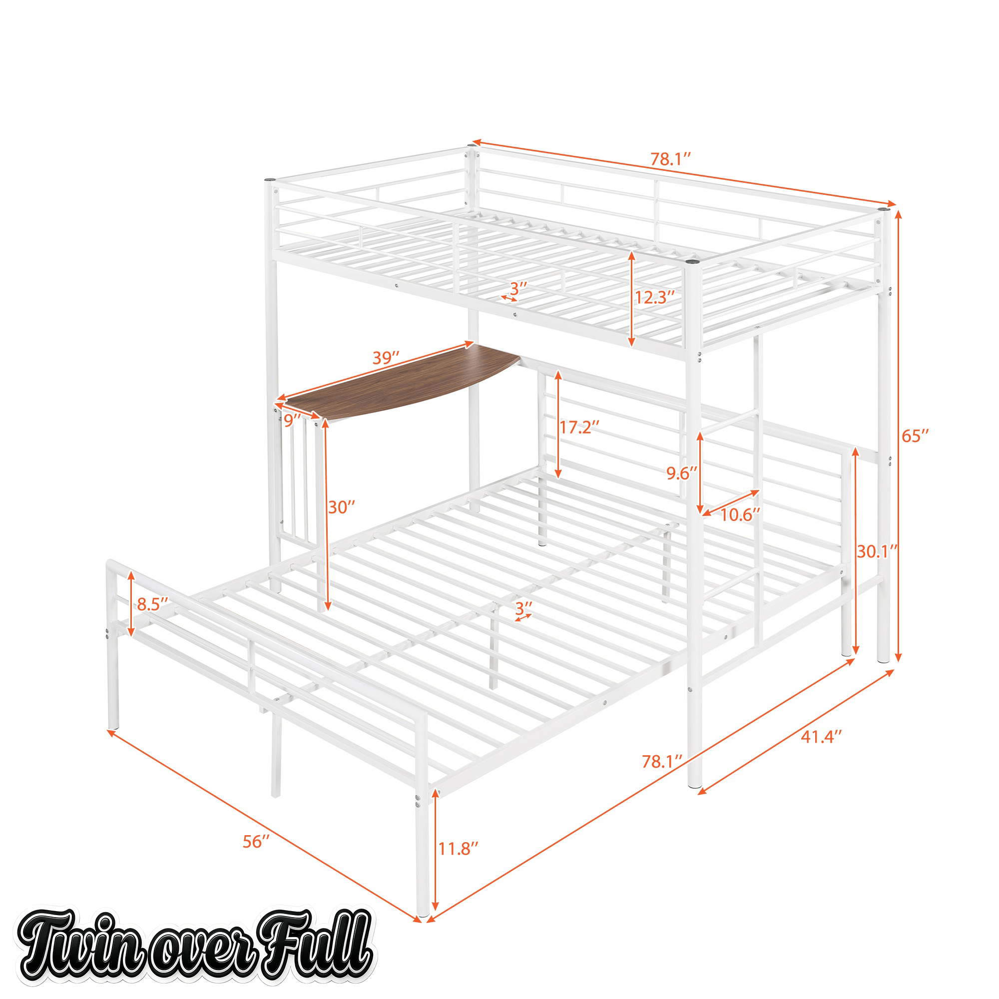 Bellemave® Twin Over Full Bunk Beds with Desk, Metal Bunk Bed Frame for Kids & Teens, Loft Bed with Convertible Design,White - Bellemave