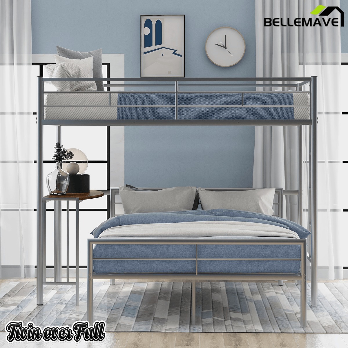 Bellemave® Twin Over Full Bunk Beds with Desk, Metal Bunk Bed Frame for Kids & Teens, Loft Bed with Convertible Design,White - Bellemave