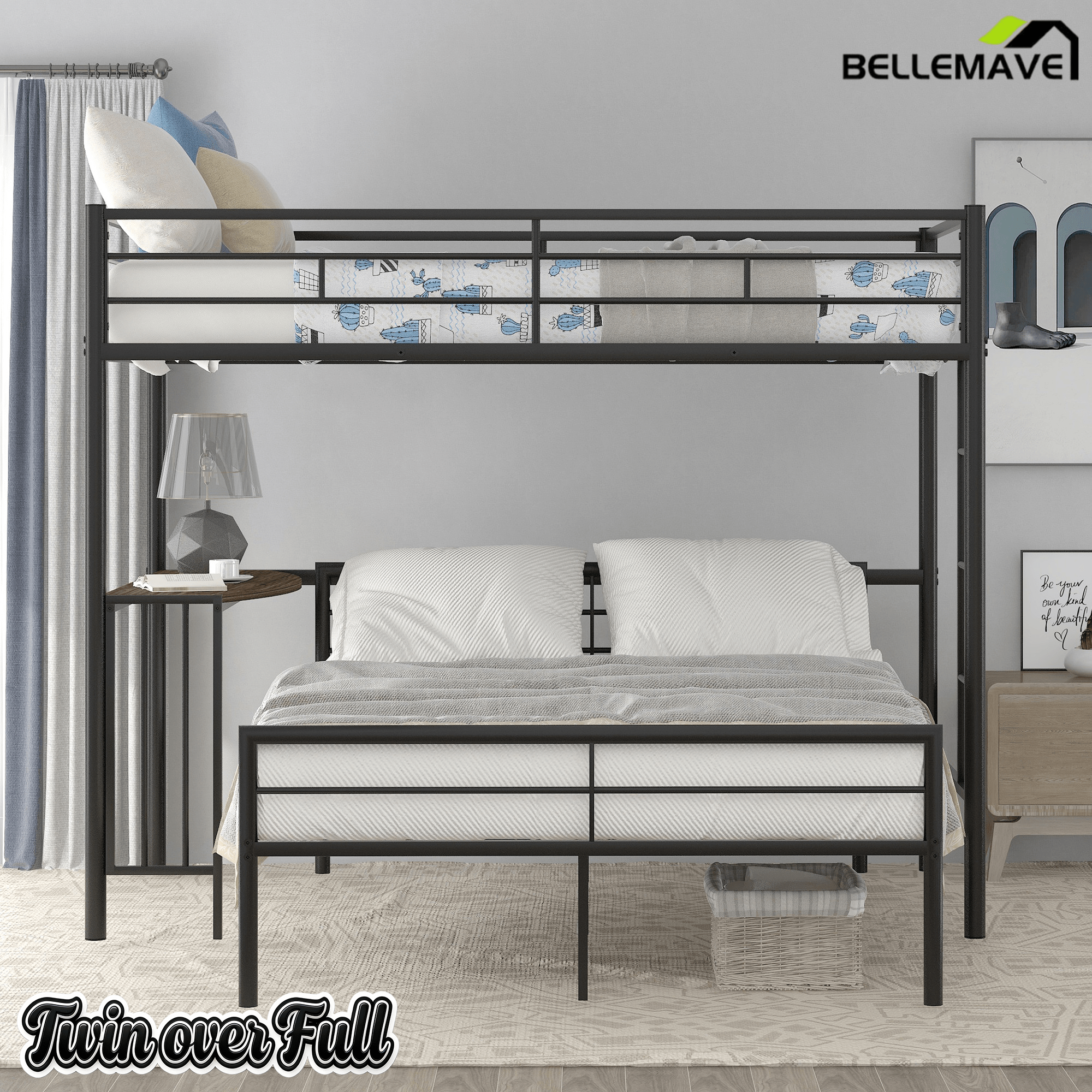 Bellemave® Twin Over Full Bunk Beds with Desk, Metal Bunk Bed Frame for Kids & Teens, Loft Bed with Convertible Design,White - Bellemave