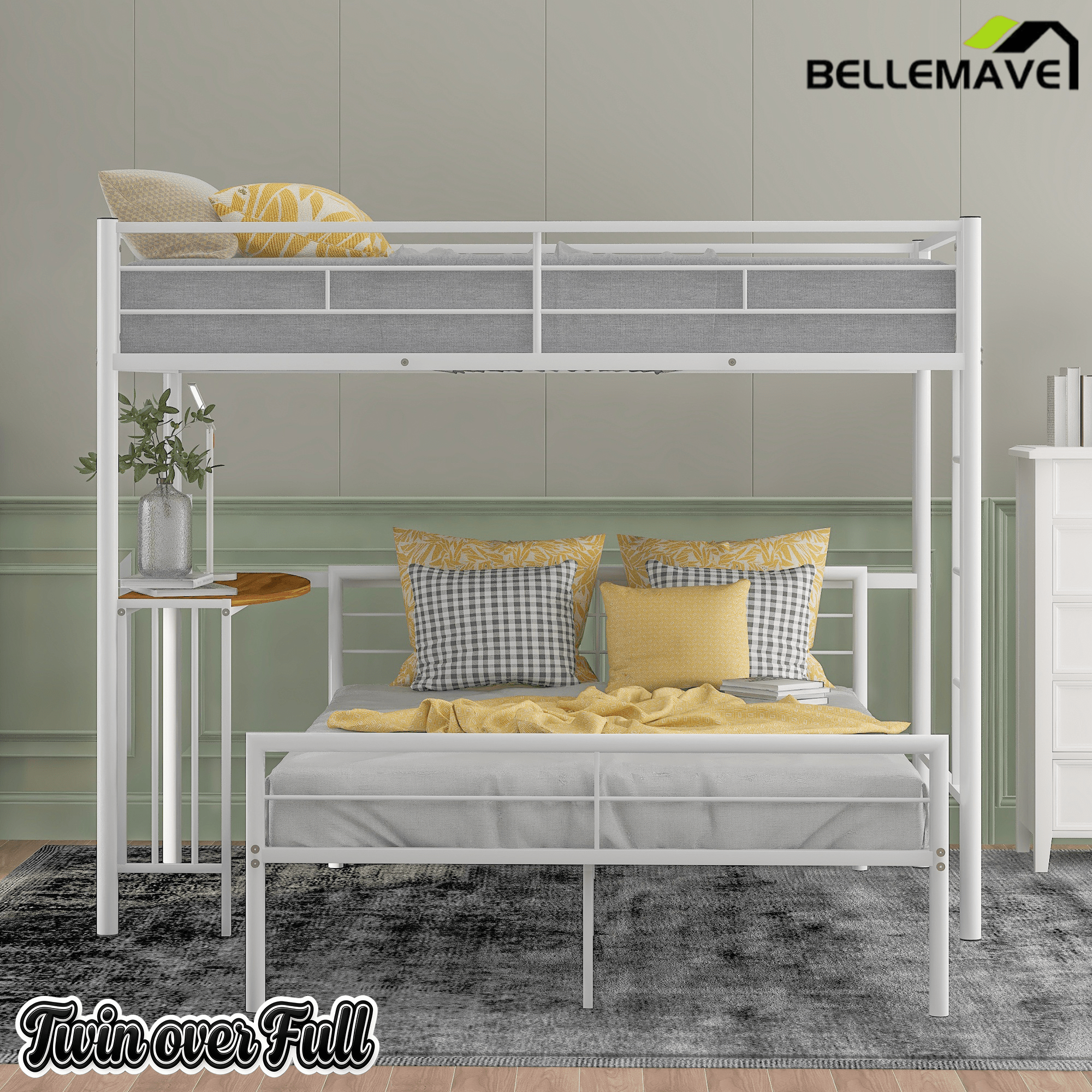 Bellemave® Twin Over Full Bunk Beds with Desk, Metal Bunk Bed Frame for Kids & Teens, Loft Bed with Convertible Design,White - Bellemave