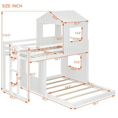 Bellemave® Twin over Full House Bunk Bed with Playhouse and Farmhouse,Ladder and Guardrails - Bellemave