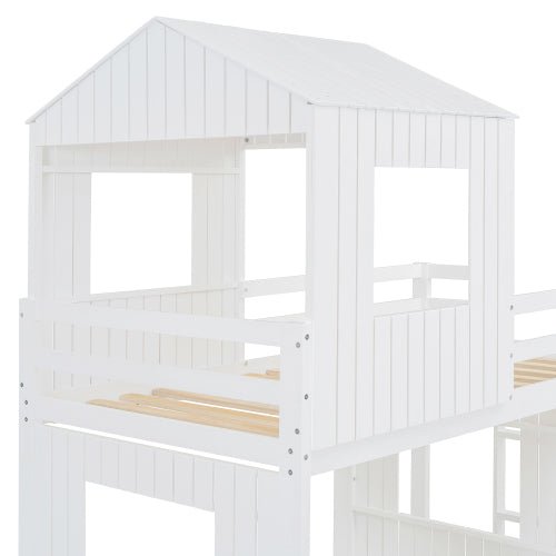 Bellemave® Twin over Full House Bunk Bed with Playhouse, Farmhouse and Ladder, Slide and Guardrails - Bellemave