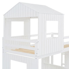 Bellemave® Twin over Full House Bunk Bed with Playhouse, Farmhouse and Ladder, Slide and Guardrails - Bellemave