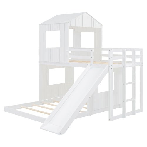 Bellemave® Twin over Full House Bunk Bed with Playhouse, Farmhouse and Ladder, Slide and Guardrails - Bellemave