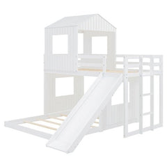 Bellemave® Twin over Full House Bunk Bed with Playhouse, Farmhouse and Ladder, Slide and Guardrails - Bellemave