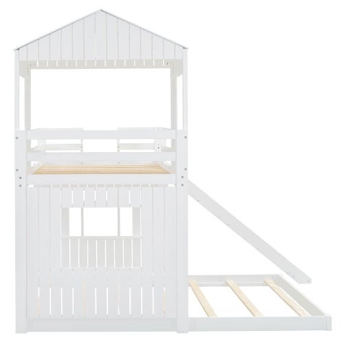 Bellemave® Twin over Full House Bunk Bed with Playhouse, Farmhouse and Ladder, Slide and Guardrails - Bellemave