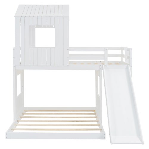 Bellemave® Twin over Full House Bunk Bed with Playhouse, Farmhouse and Ladder, Slide and Guardrails - Bellemave