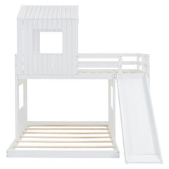 Bellemave® Twin over Full House Bunk Bed with Playhouse, Farmhouse and Ladder, Slide and Guardrails - Bellemave
