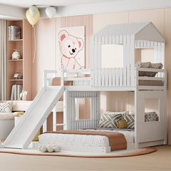 Bellemave® Twin over Full House Bunk Bed with Playhouse, Farmhouse and Ladder, Slide and Guardrails - Bellemave