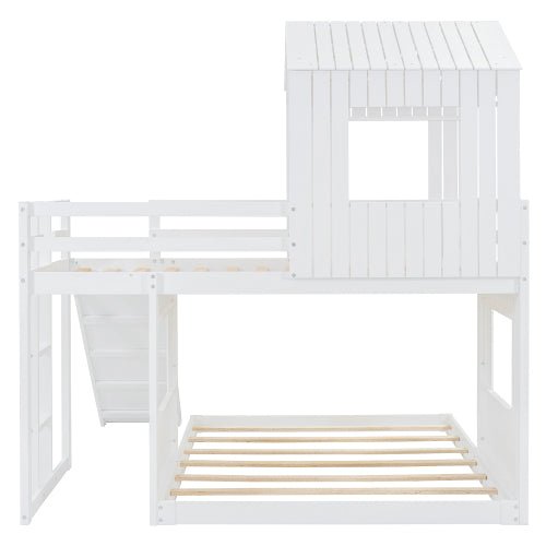 Bellemave® Twin over Full House Bunk Bed with Playhouse, Farmhouse and Ladder, Slide and Guardrails - Bellemave