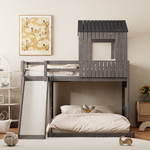 Bellemave® Twin over Full House Bunk Bed with Playhouse, Farmhouse and Ladder, Slide and Guardrails - Bellemave