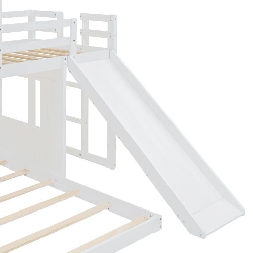 Bellemave® Twin over Full House Bunk Bed with Playhouse, Farmhouse and Ladder, Slide and Guardrails - Bellemave