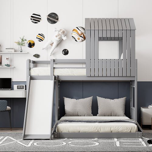 Bellemave® Twin over Full House Bunk Bed with Playhouse, Farmhouse and Ladder, Slide and Guardrails - Bellemave