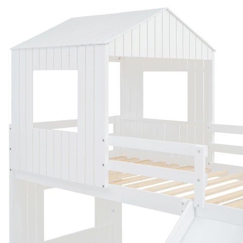 Bellemave® Twin over Full House Bunk Bed with Playhouse, Farmhouse and Ladder, Slide and Guardrails - Bellemave