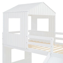 Bellemave® Twin over Full House Bunk Bed with Playhouse, Farmhouse and Ladder, Slide and Guardrails - Bellemave