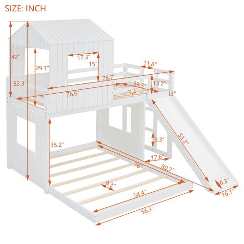 Bellemave® Twin over Full House Bunk Bed with Playhouse, Farmhouse and Ladder, Slide and Guardrails - Bellemave