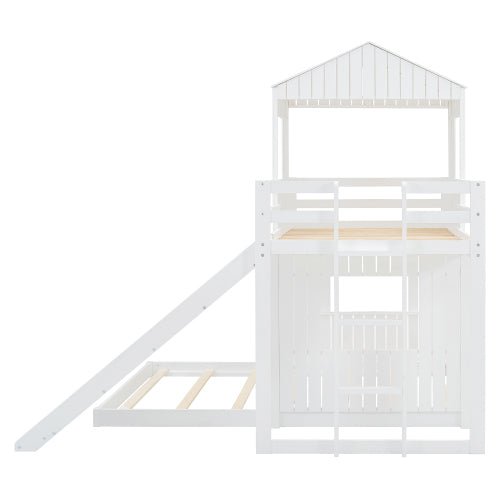 Bellemave® Twin over Full House Bunk Bed with Playhouse, Farmhouse and Ladder, Slide and Guardrails - Bellemave
