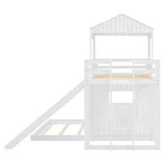 Bellemave® Twin over Full House Bunk Bed with Playhouse, Farmhouse and Ladder, Slide and Guardrails - Bellemave