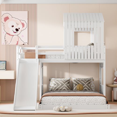 Bellemave® Twin over Full House Bunk Bed with Playhouse, Farmhouse and Ladder, Slide and Guardrails - Bellemave
