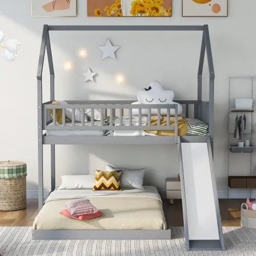 Bellemave® Twin over Full House Bunk Bed with Slide and Built - in Ladder - Bellemave