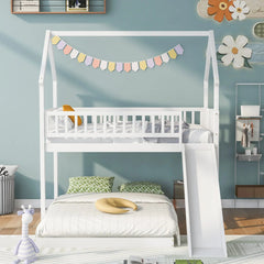 Bellemave® Twin over Full House Bunk Bed with Slide and Built - in Ladder - Bellemave
