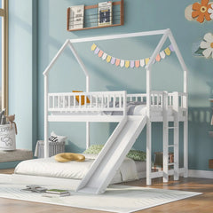 Bellemave® Twin over Full House Bunk Bed with Slide and Built - in Ladder - Bellemave