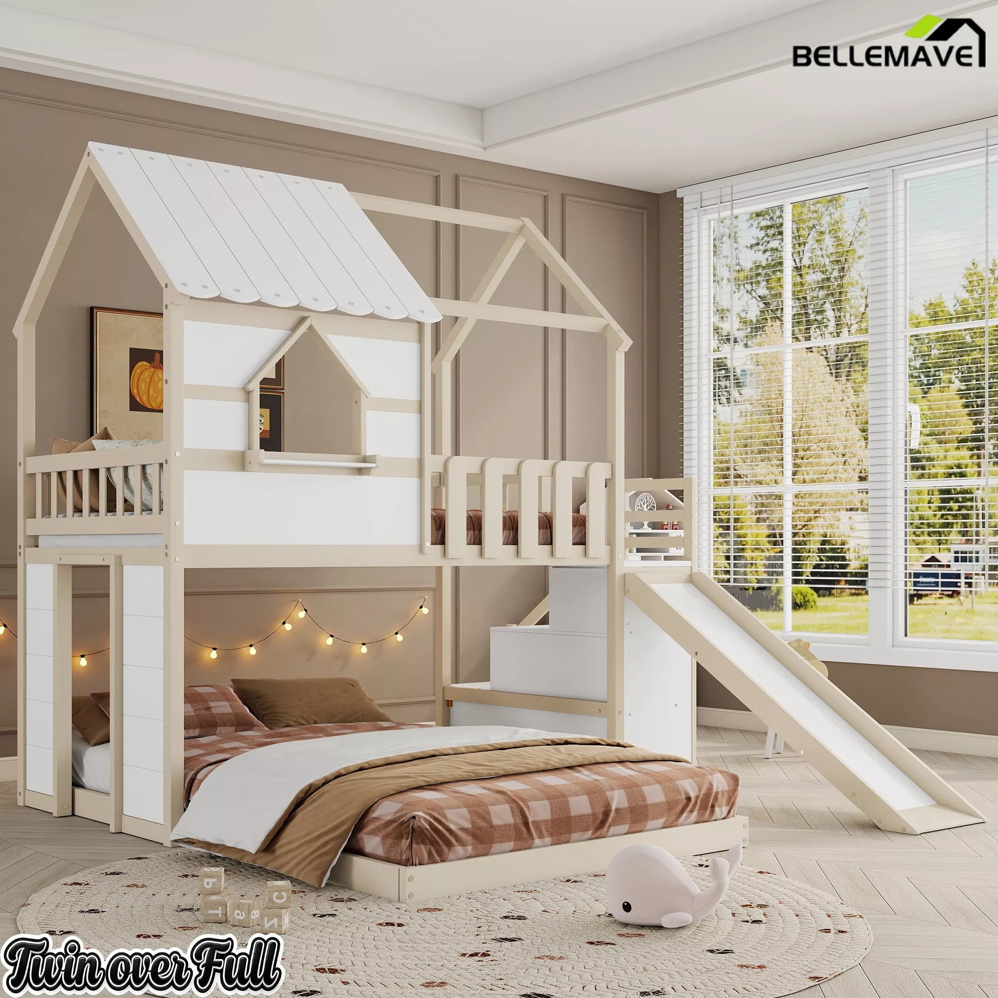 Playhouse bunk bed with roof frame and slide