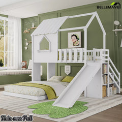 White playhouse bunk bed with slide for kids