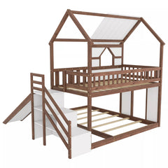Wooden playhouse bunk bed with built in staircase