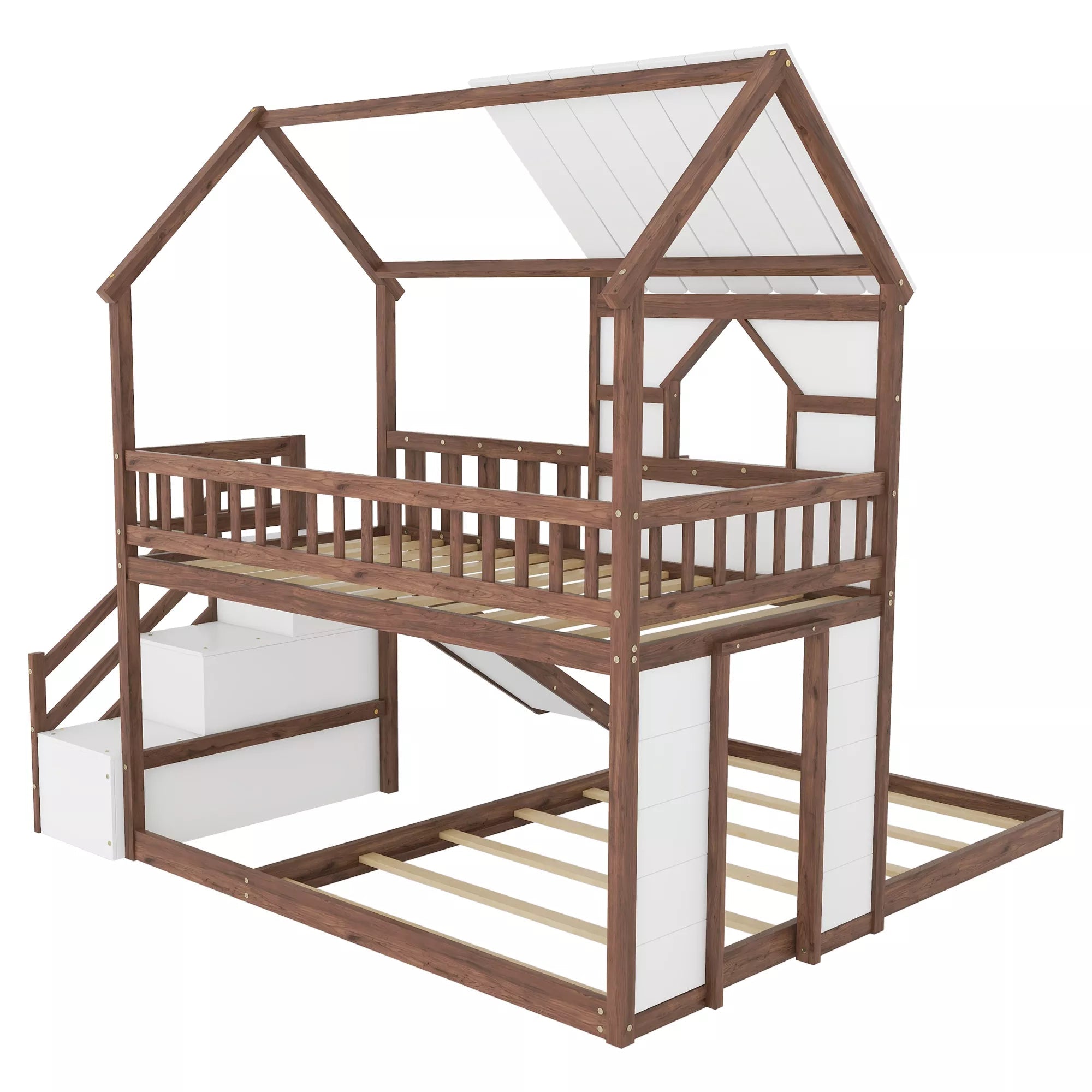 Twin over full wooden house bunk bed angled view