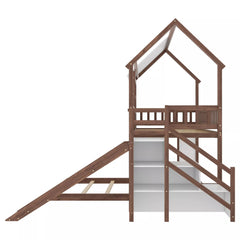 Twin over full bunk bed with staircase and slide side view