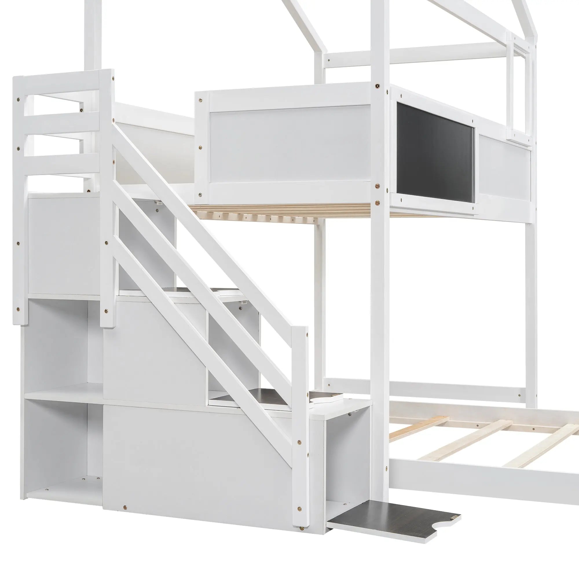 Bellemave® Twin over Full House Bunk Bed with Storage Staircase and Blackboard - Bellemave