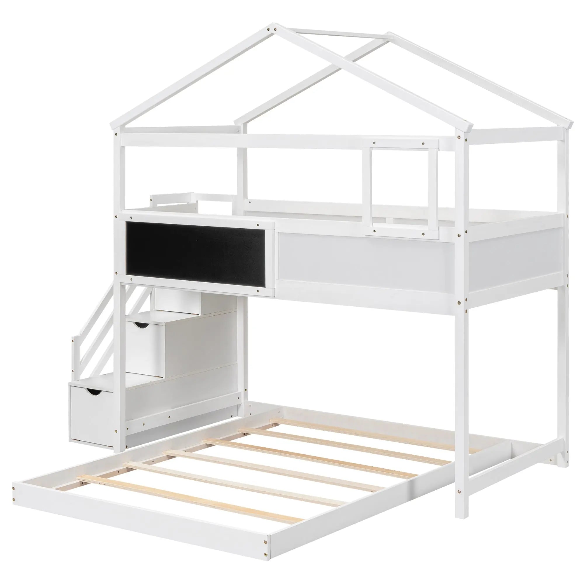 Bellemave® Twin over Full House Bunk Bed with Storage Staircase and Blackboard - Bellemave