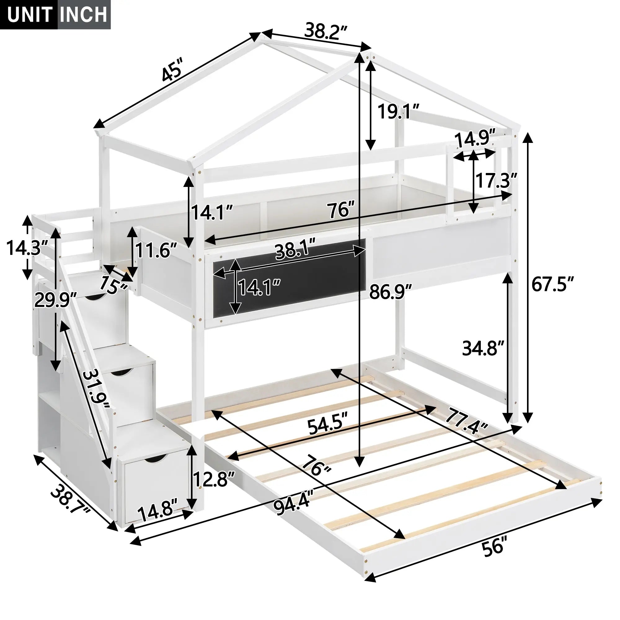 Bellemave® Twin over Full House Bunk Bed with Storage Staircase and Blackboard - Bellemave