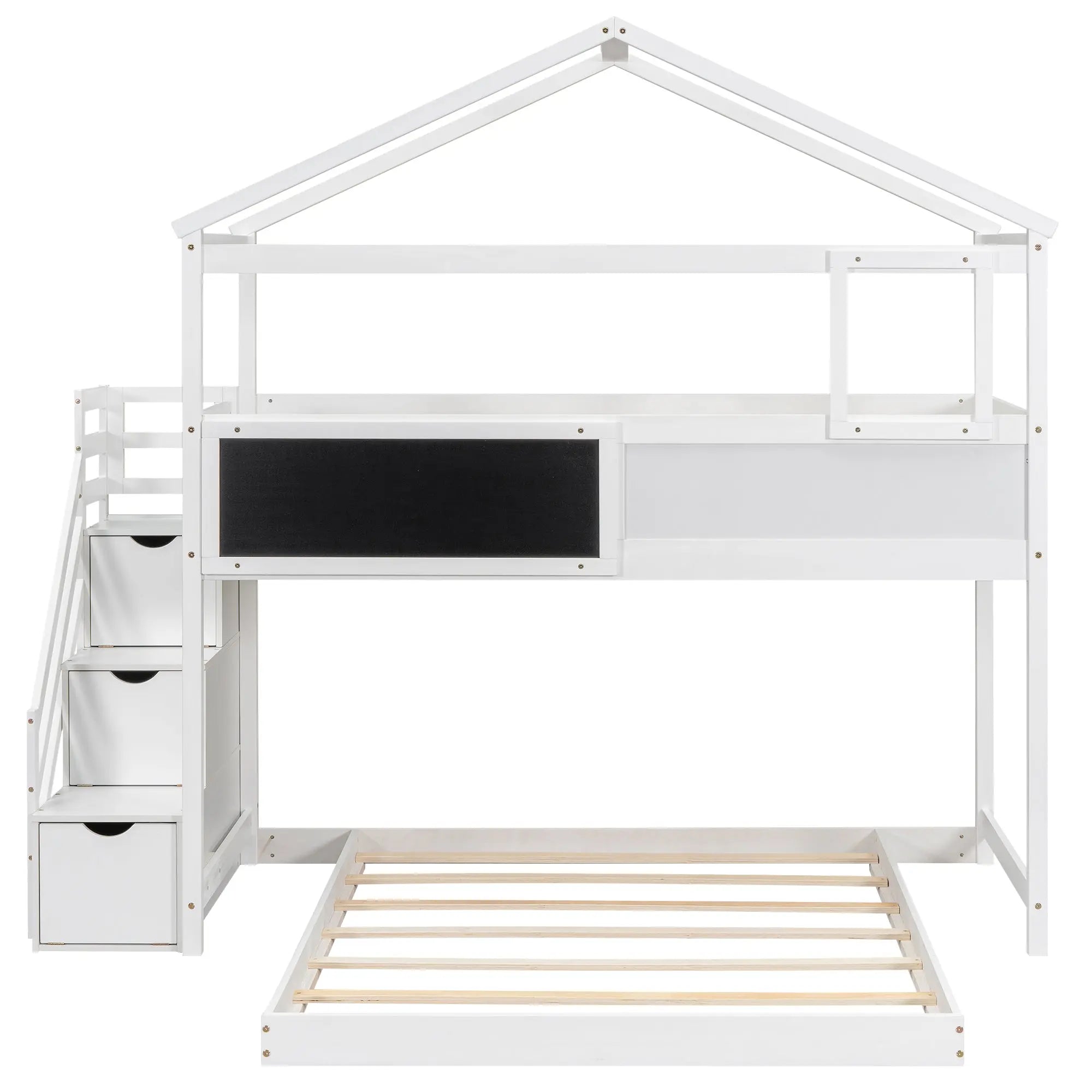 Bellemave® Twin over Full House Bunk Bed with Storage Staircase and Blackboard - Bellemave