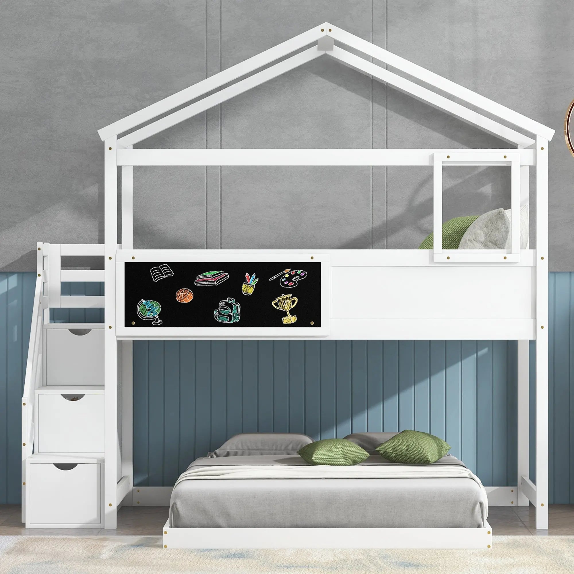 Bellemave® Twin over Full House Bunk Bed with Storage Staircase and Blackboard - Bellemave