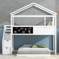 Bellemave® Twin over Full House Bunk Bed with Storage Staircase and Blackboard - Bellemave