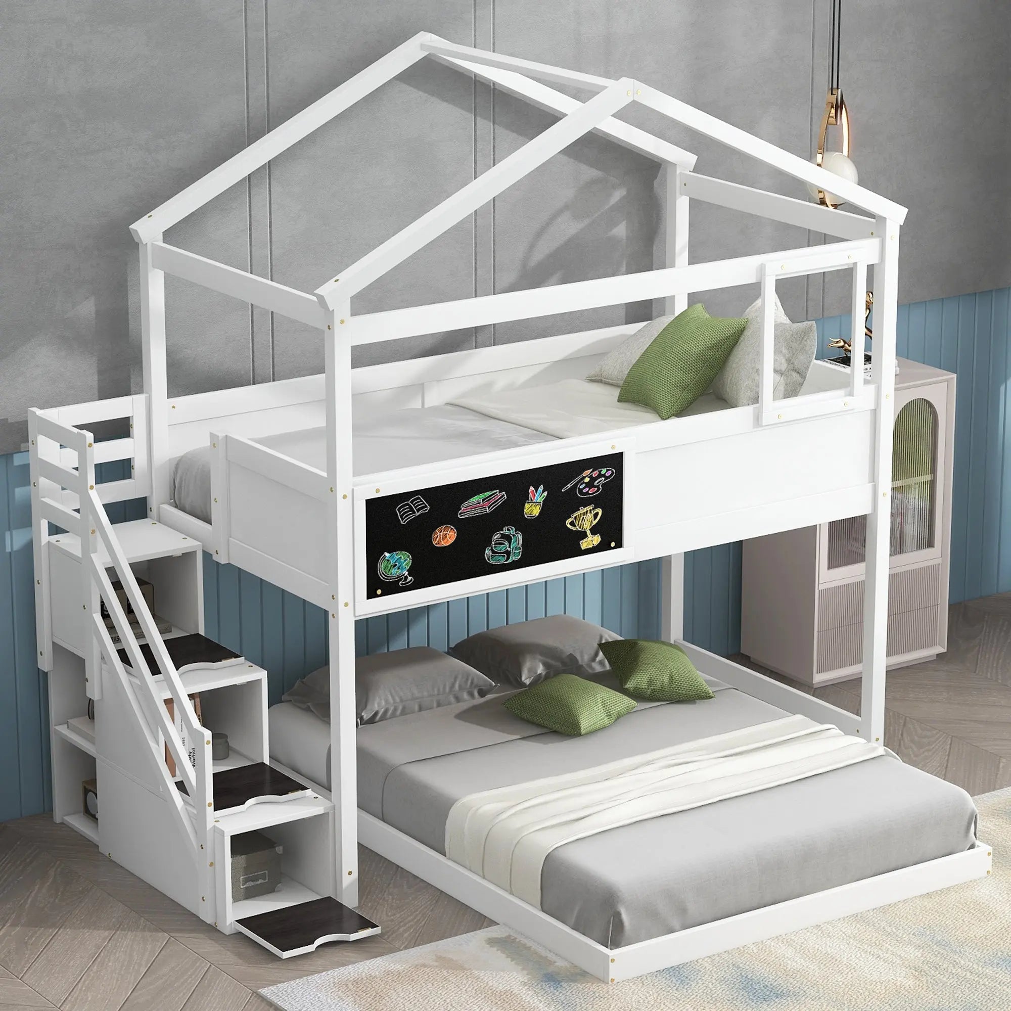 Bellemave® Twin over Full House Bunk Bed with Storage Staircase and Blackboard - Bellemave