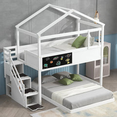 Bellemave® Twin over Full House Bunk Bed with Storage Staircase and Blackboard - Bellemave