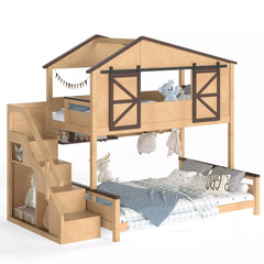 Bellemave® Twin Over Full House Bunk Bed with Storage Stairs and Shelves, Playhouse Bed for Kids & Teens - Bellemave