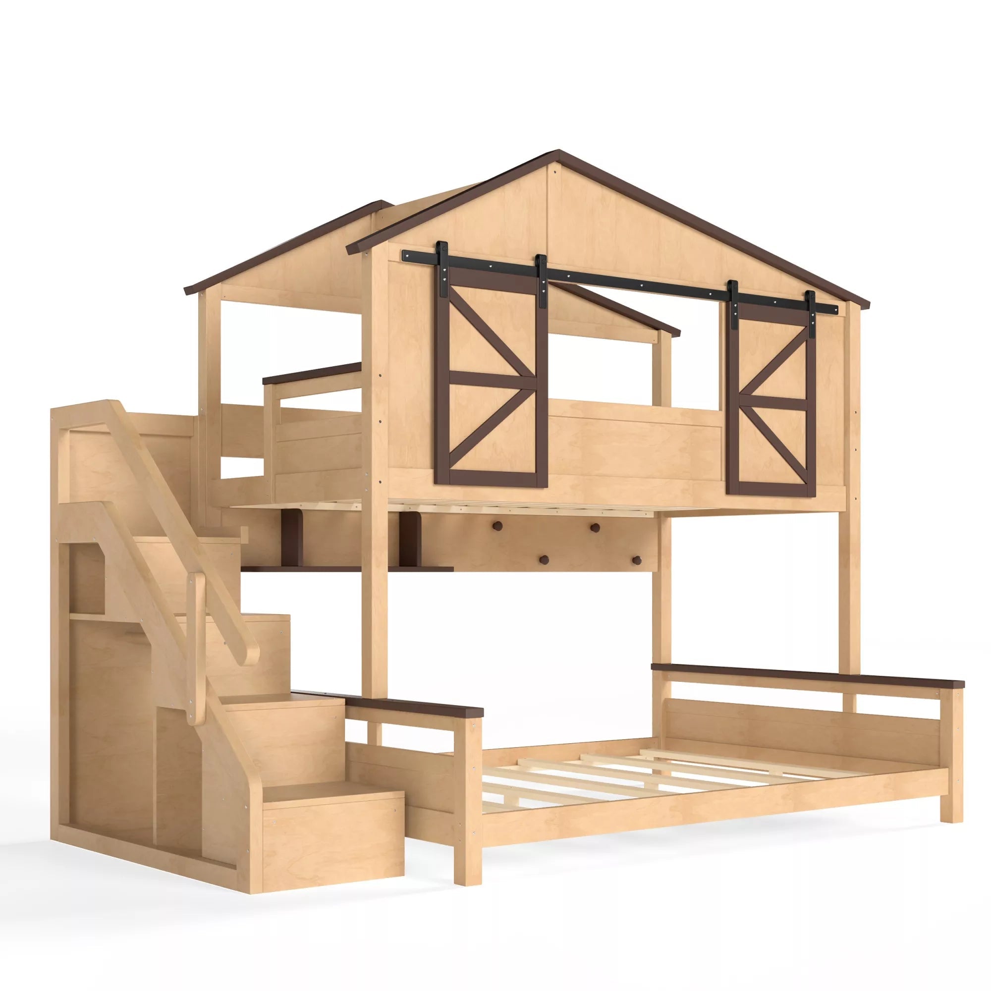 Bellemave® Twin Over Full House Bunk Bed with Storage Stairs and Shelves, Playhouse Bed for Kids & Teens - Bellemave