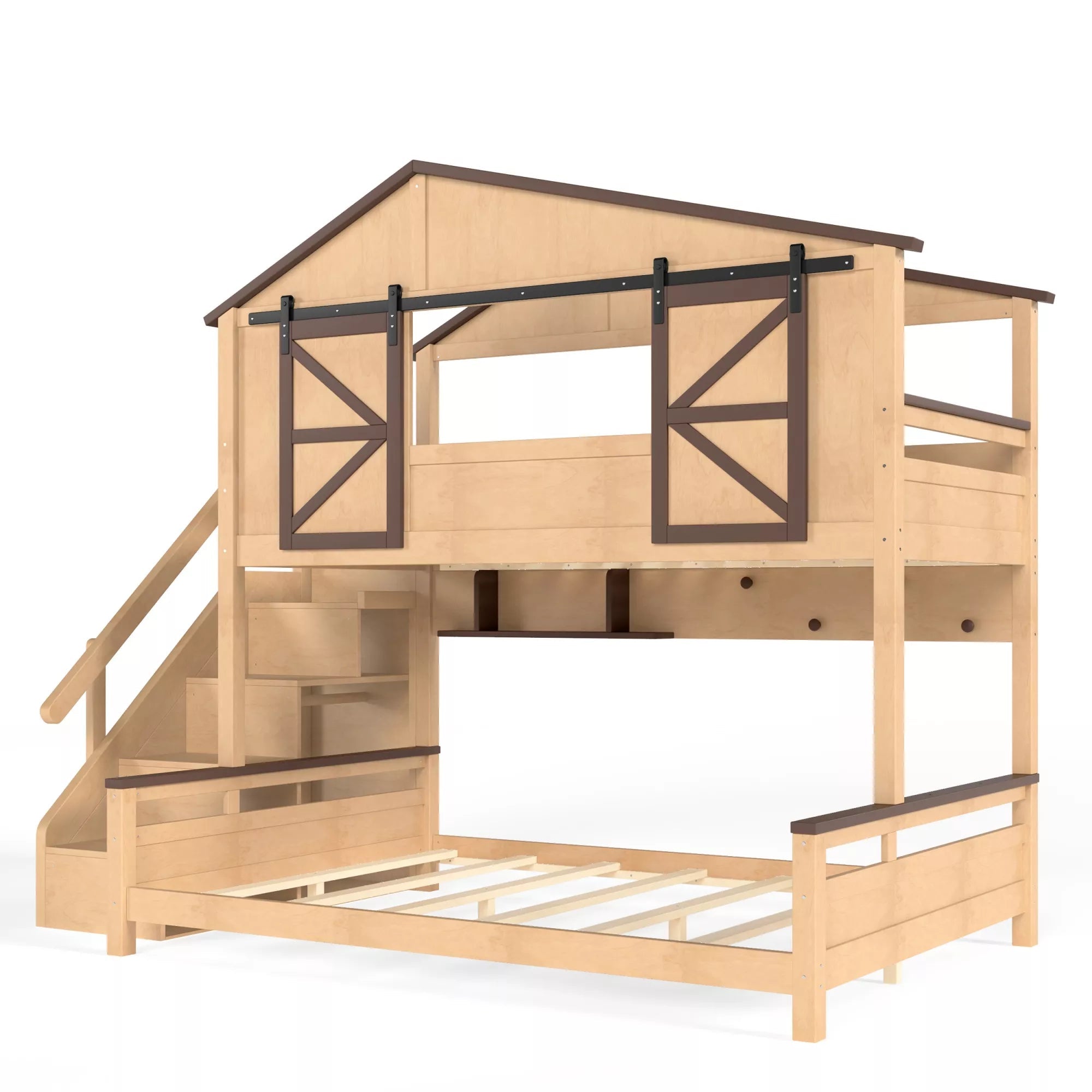 Bellemave® Twin Over Full House Bunk Bed with Storage Stairs and Shelves, Playhouse Bed for Kids & Teens - Bellemave