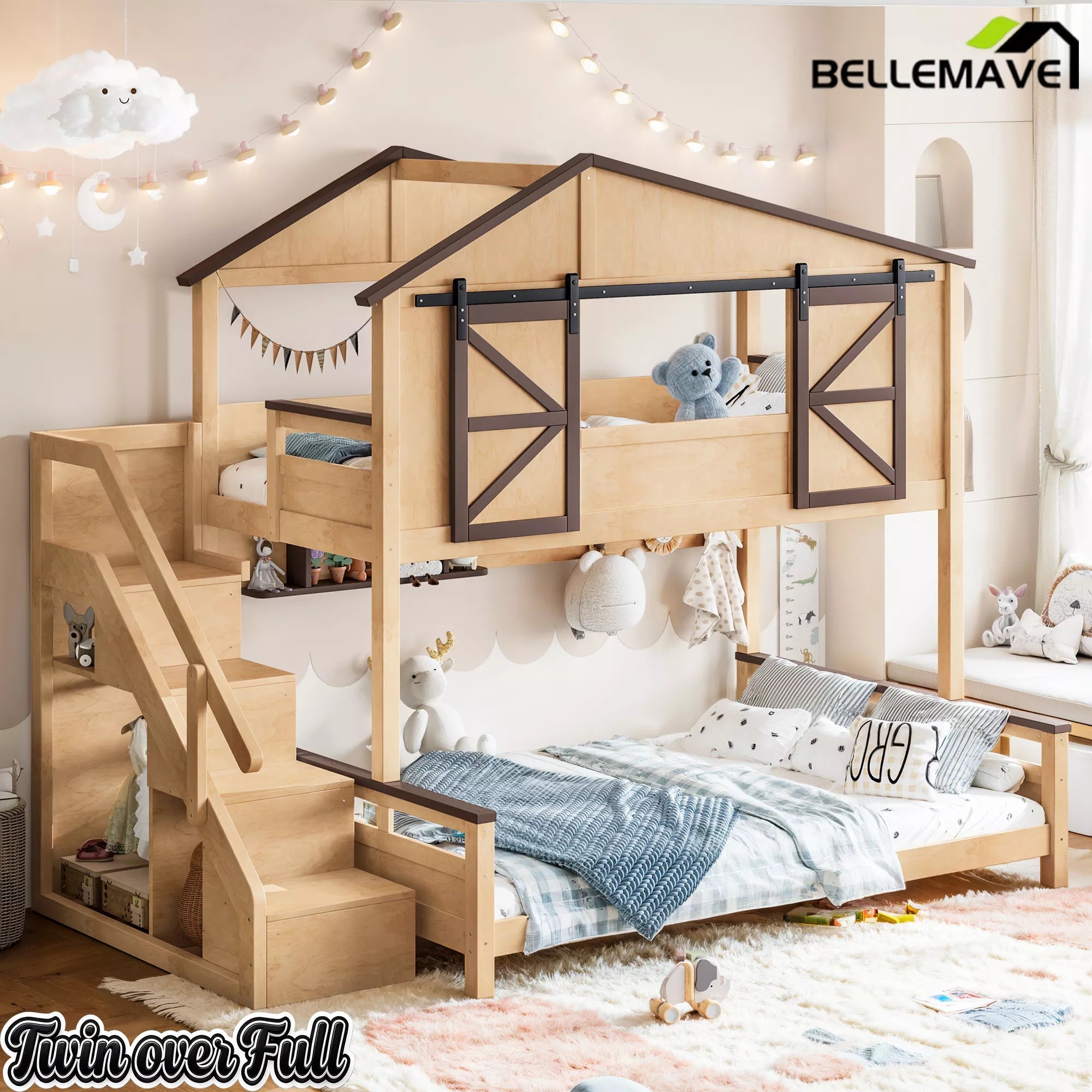 Bellemave® Twin Over Full House Bunk Bed with Storage Stairs and Shelves, Playhouse Bed for Kids & Teens - Bellemave