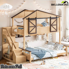 Bellemave® Twin Over Full House Bunk Bed with Storage Stairs and Shelves, Playhouse Bed for Kids & Teens - Bellemave
