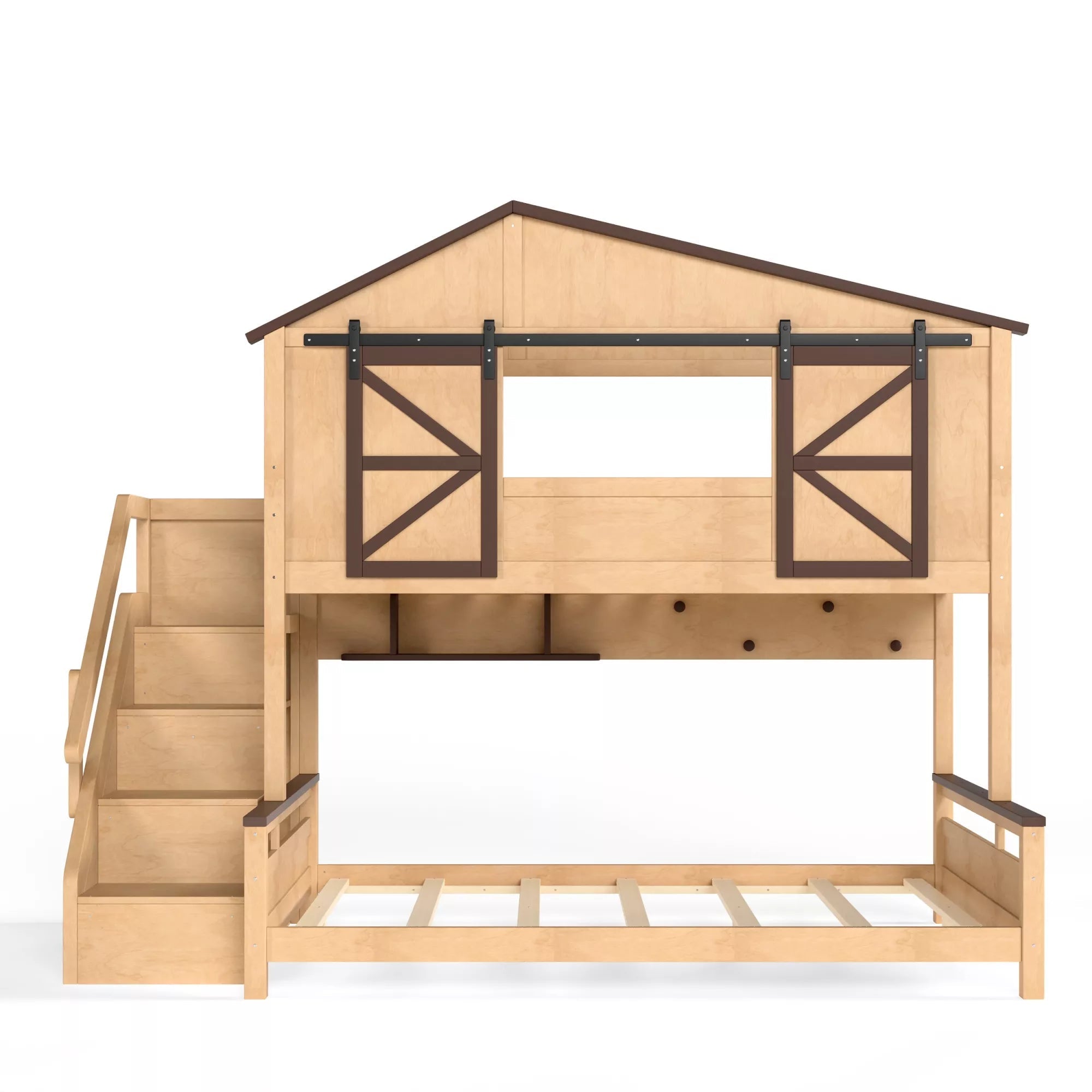 Bellemave® Twin Over Full House Bunk Bed with Storage Stairs and Shelves, Playhouse Bed for Kids & Teens - Bellemave