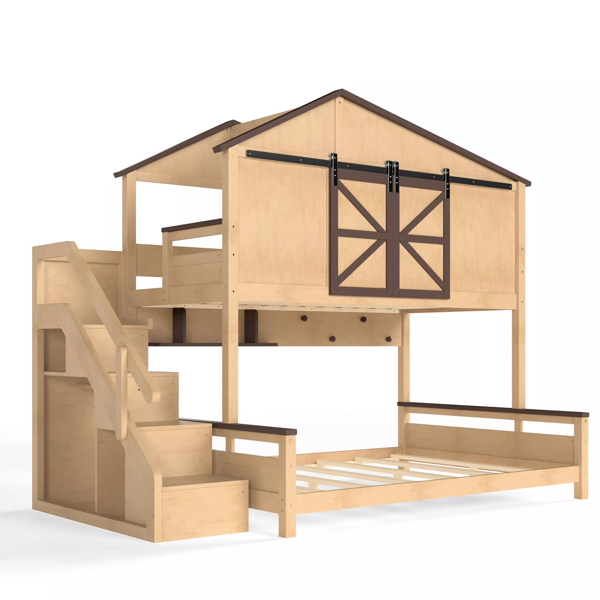 Bellemave® Twin Over Full House Bunk Bed with Storage Stairs and Shelves, Playhouse Bed for Kids & Teens - Bellemave