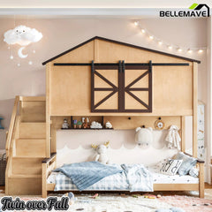 Bellemave® Twin Over Full House Bunk Bed with Storage Stairs and Shelves, Playhouse Bed for Kids & Teens - Bellemave