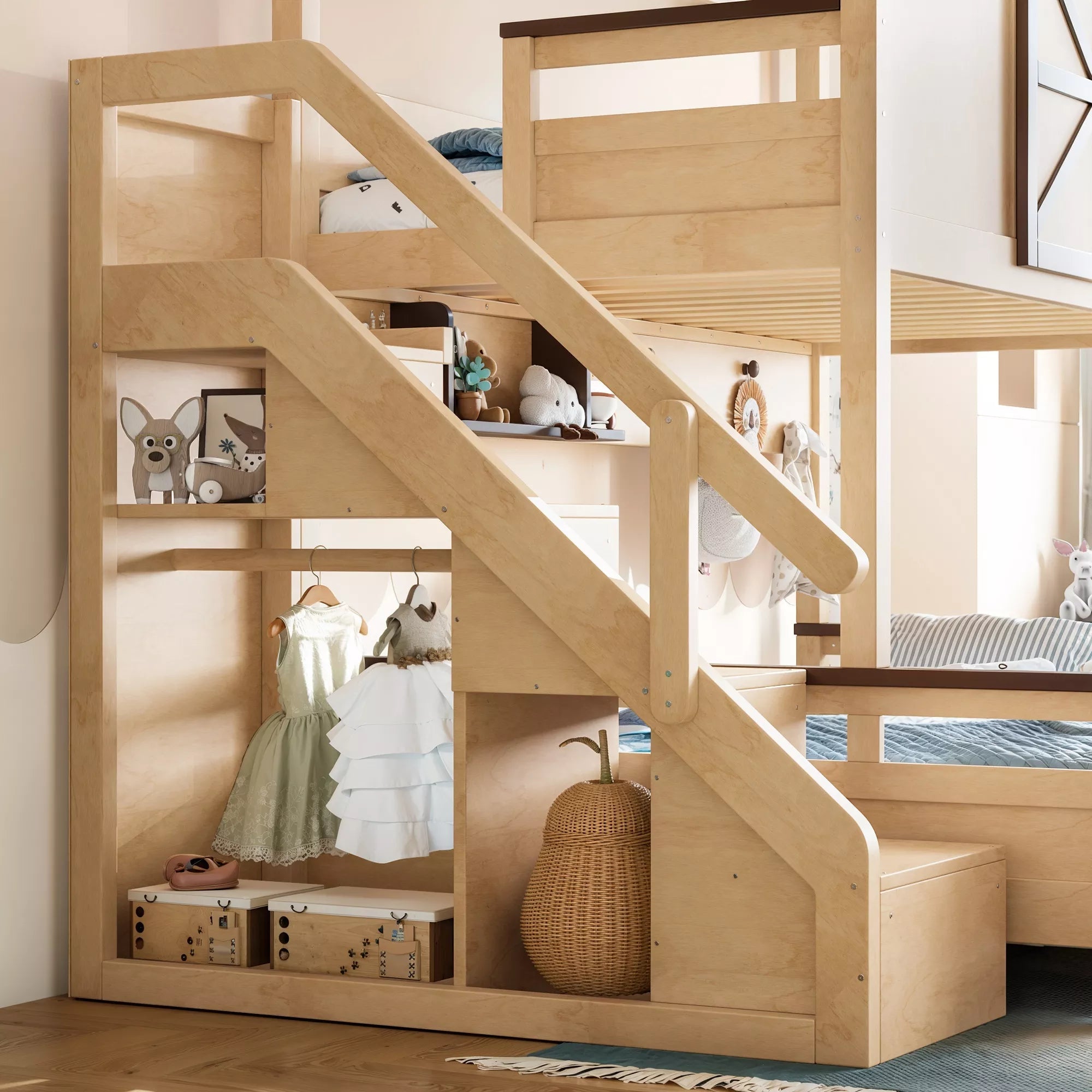 Bellemave® Twin Over Full House Bunk Bed with Storage Stairs and Shelves, Playhouse Bed for Kids & Teens - Bellemave
